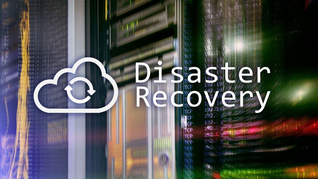 Disaster recovery. Data loss prevention. Server room on background.